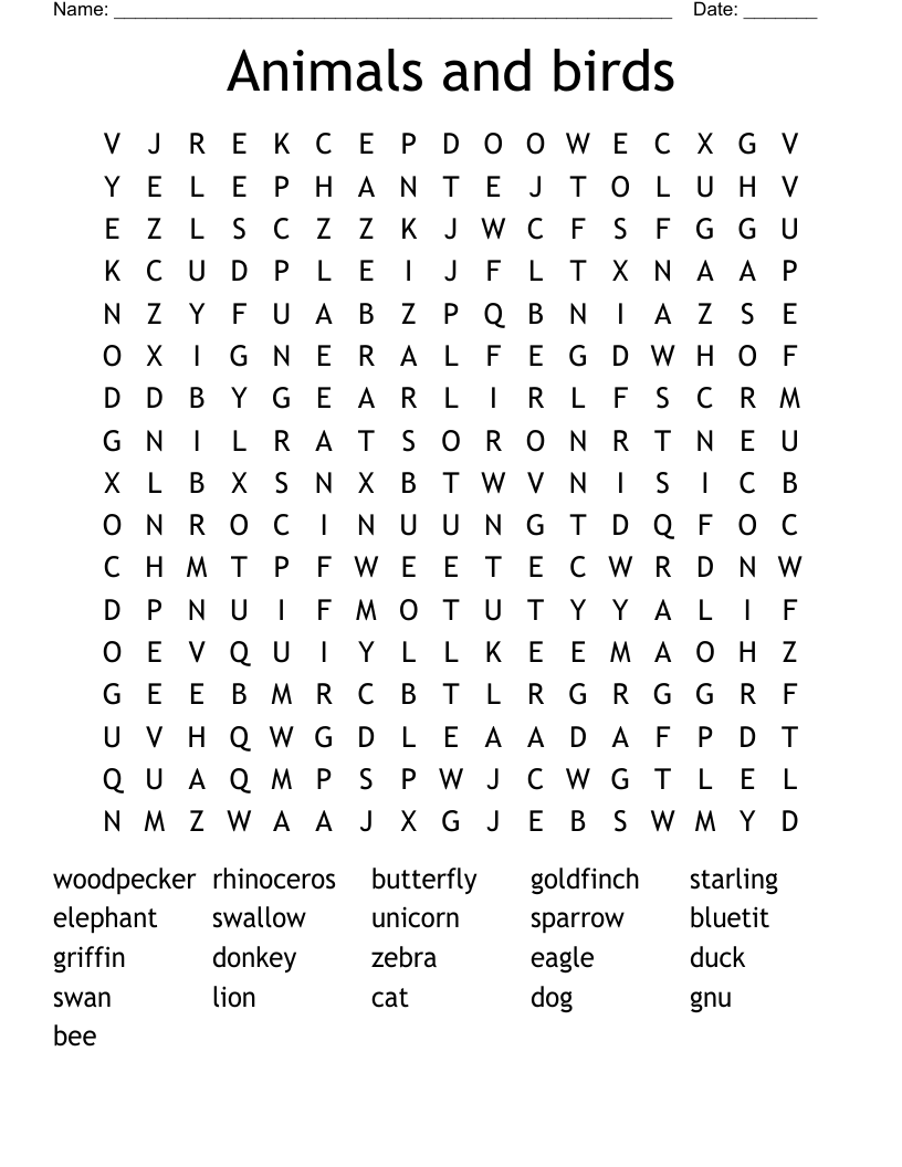 Animals and birds Word Search