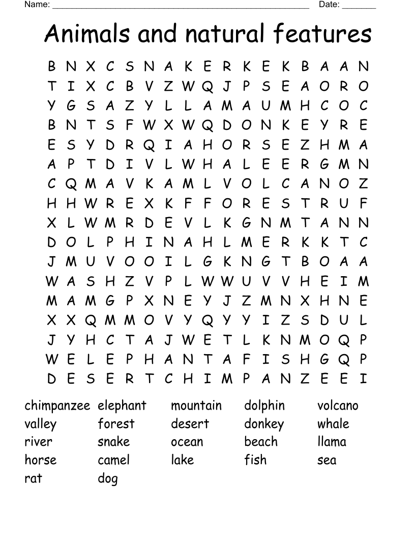 Animals and natural features Word Search