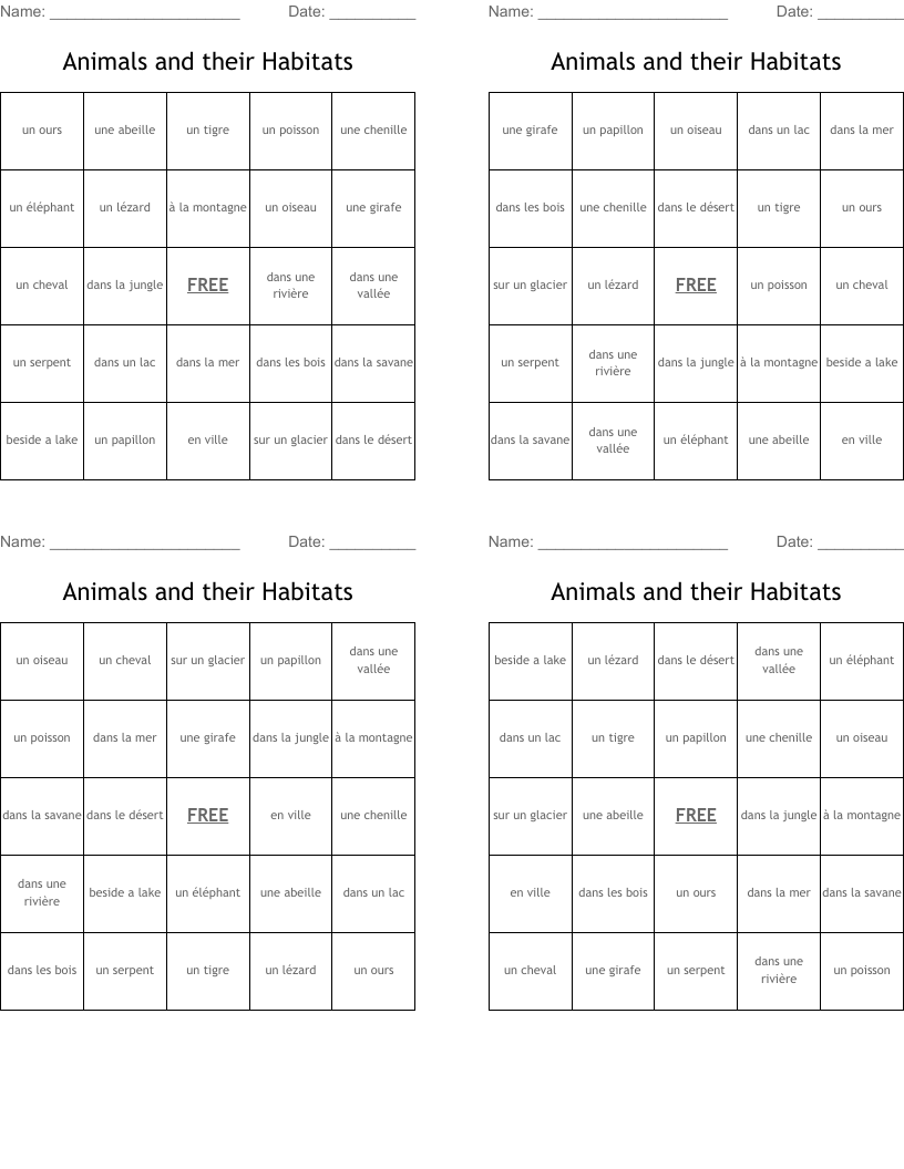Animals and their Habitats Bingo Cards