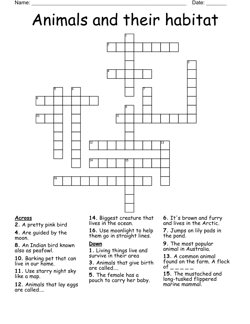 Animals and their habitat Crossword