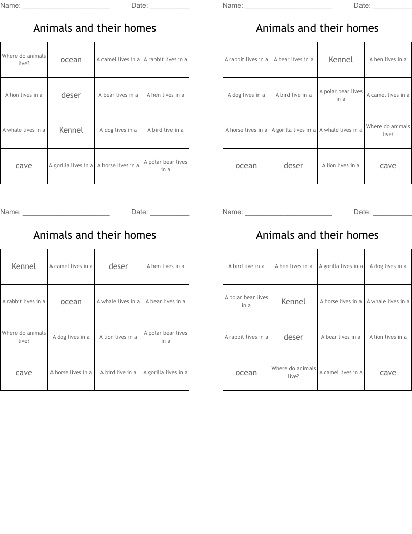 Animals and their homes Bingo Cards
