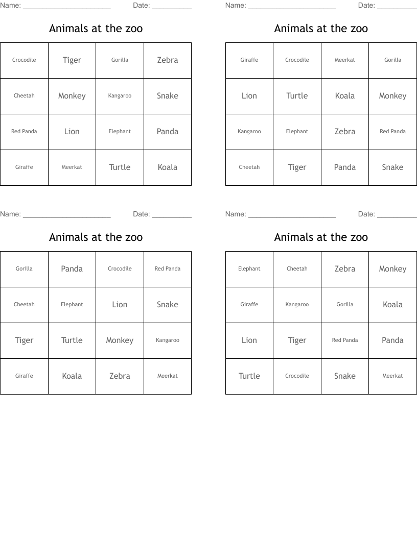 Animals at the zoo Bingo Cards