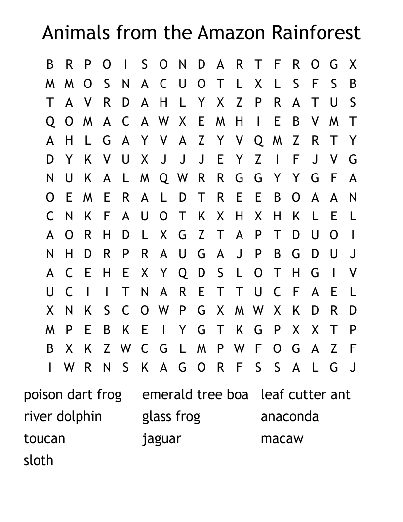 Animals from the Amazon Rainforest Word Search