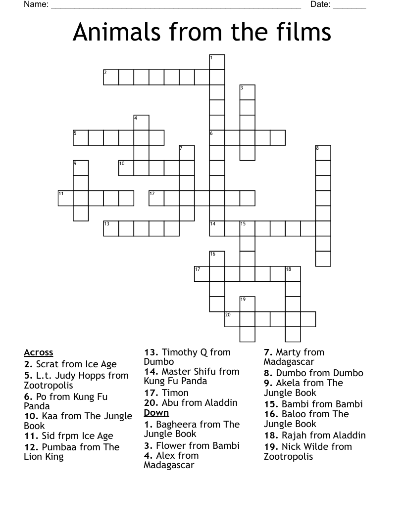 Animals from the films Crossword