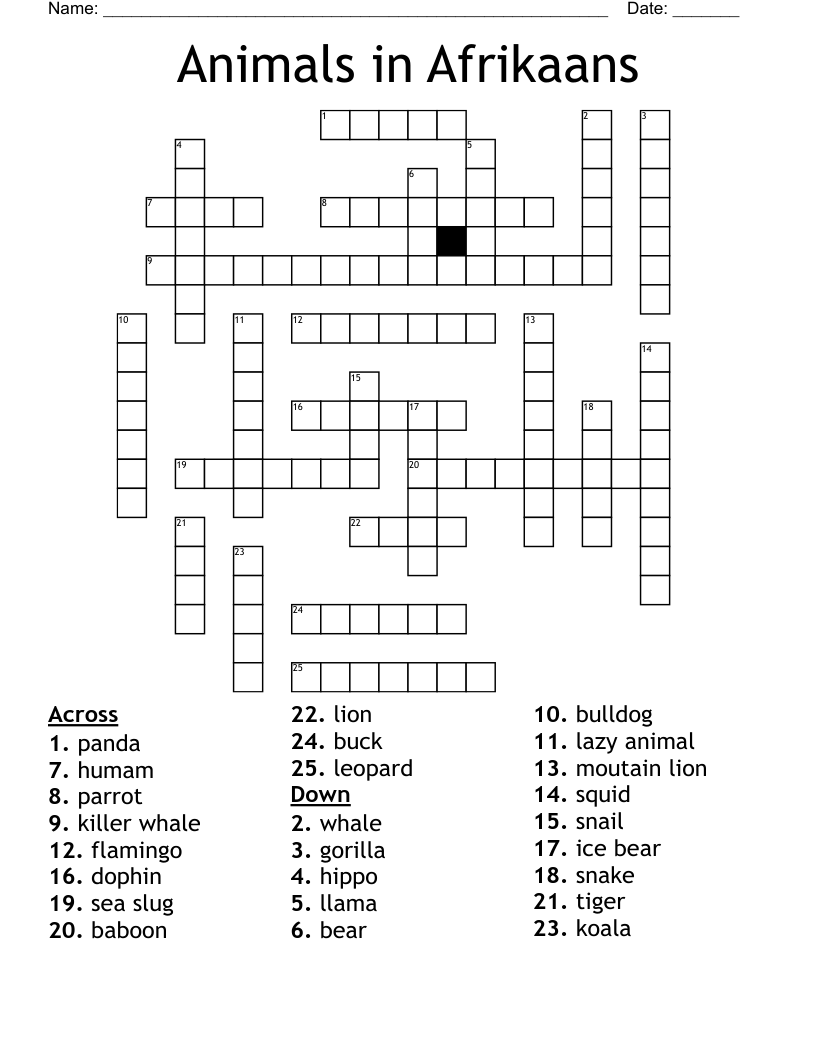 Animals in Afrikaans  Crossword