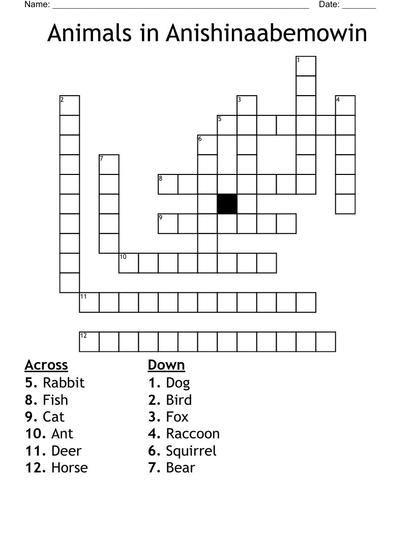 Animals in Anishinaabemowin  Crossword