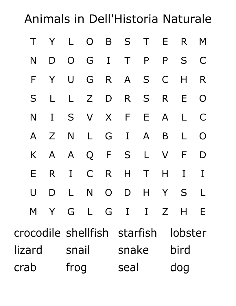 Animals in Dell'Historia Naturale Word Search