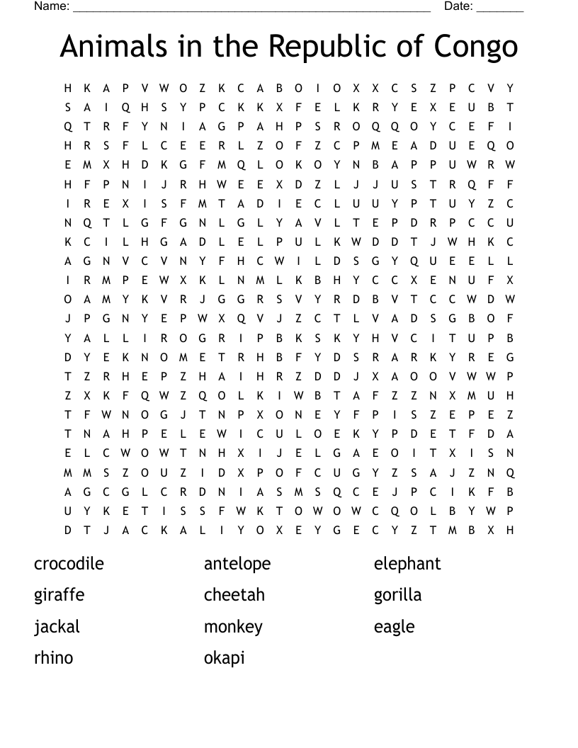 Animals in the Republic of Congo Word Search