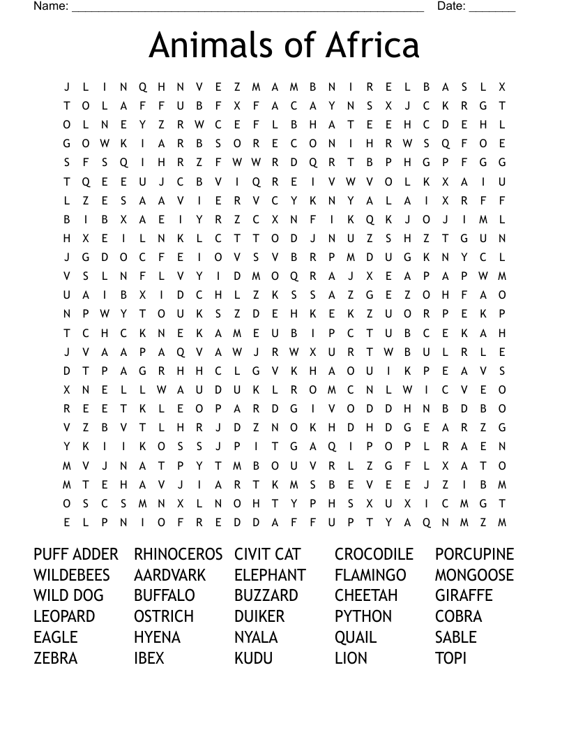 Animals of Africa Word Search
