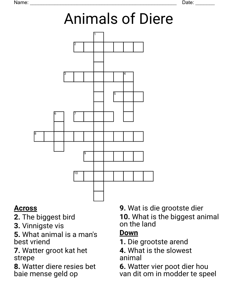 Animals of Diere Crossword