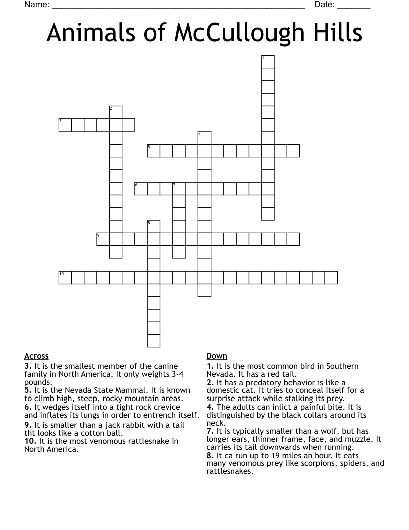 Animals of McCullough Hills Crossword