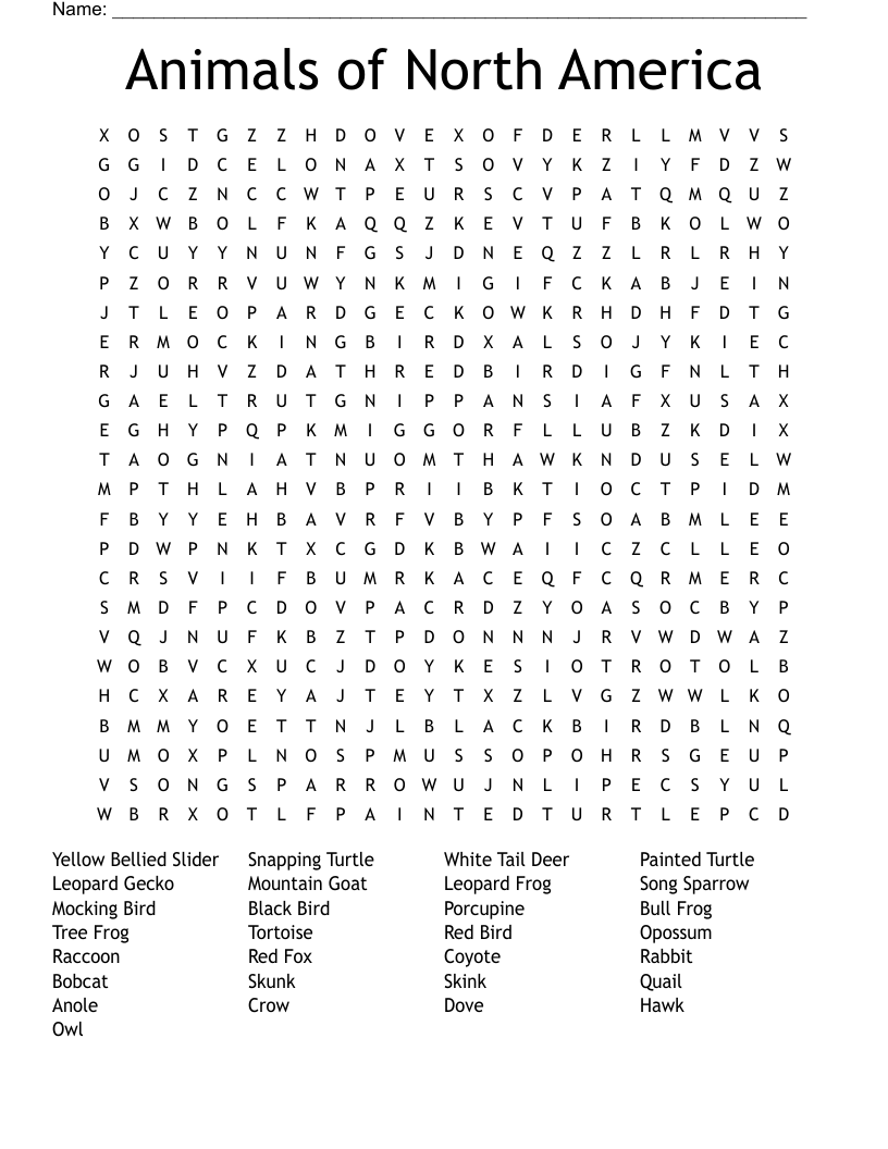 Animals of North America Word Search
