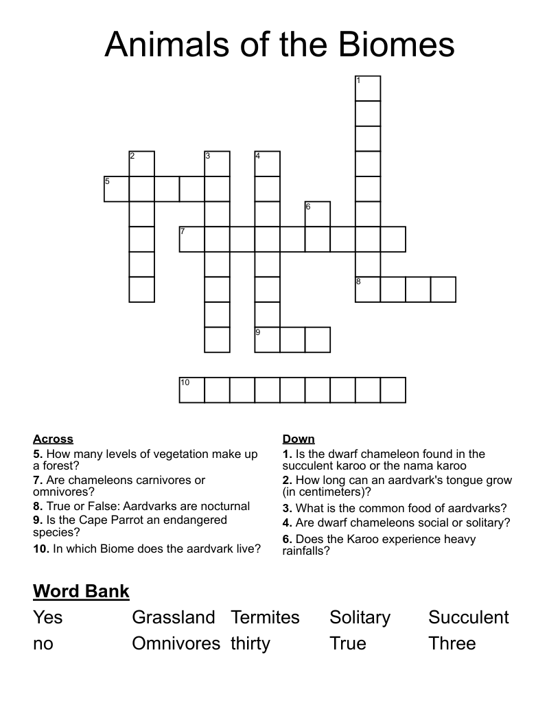 Animals of the Biomes Crossword