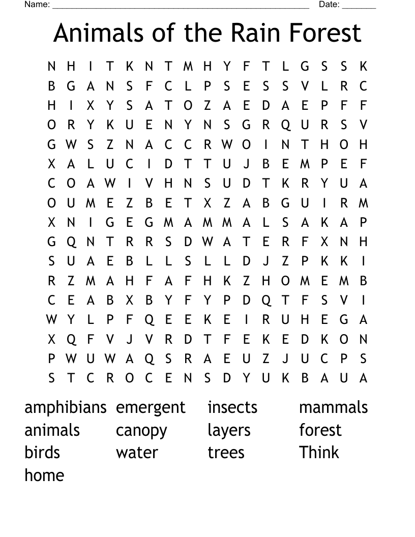 Animals of the Rain Forest Word Search