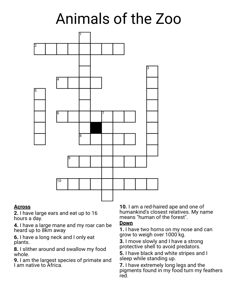 Animals of the Zoo Crossword