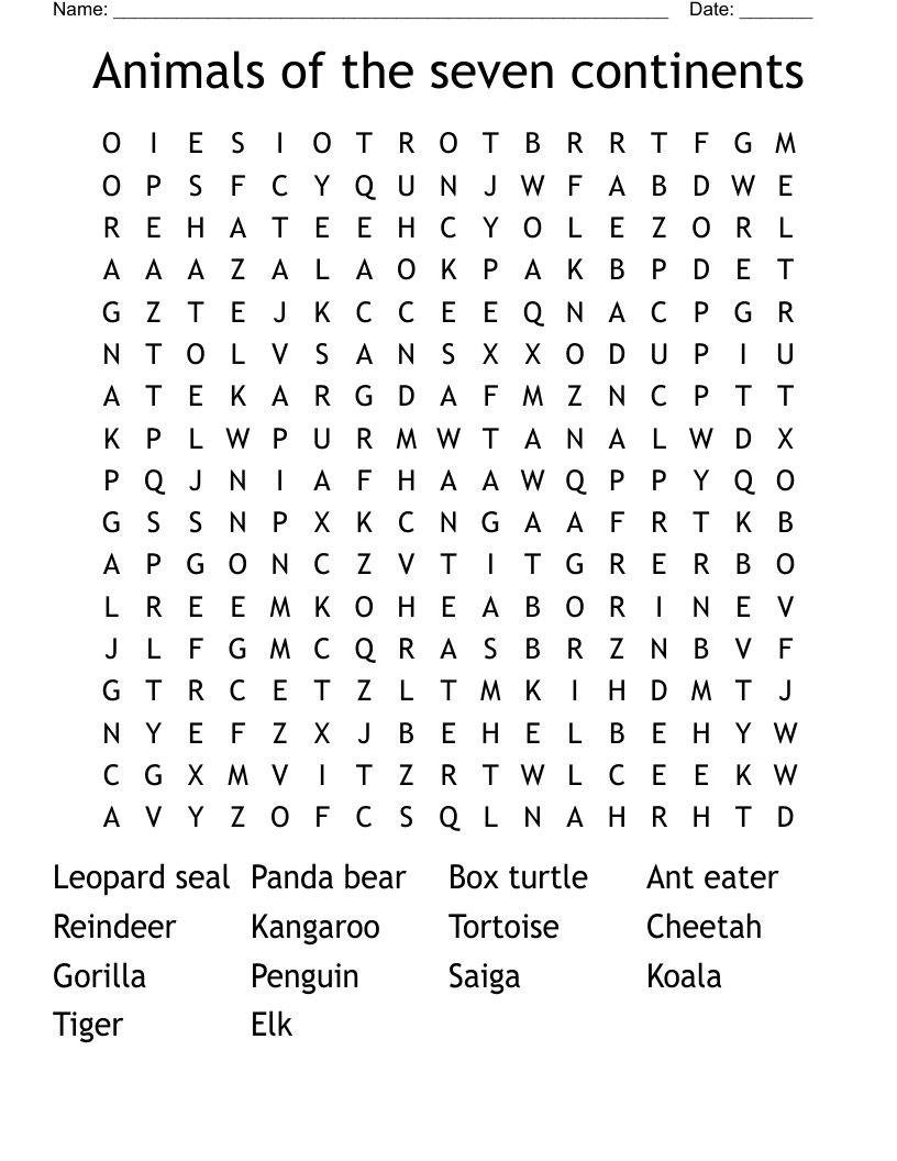 Animals of the seven continents Word Search