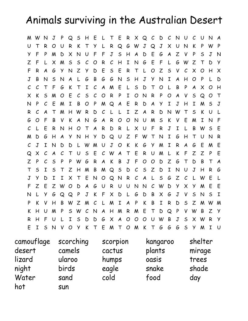 Animals surviving in the Australian Desert Word Search