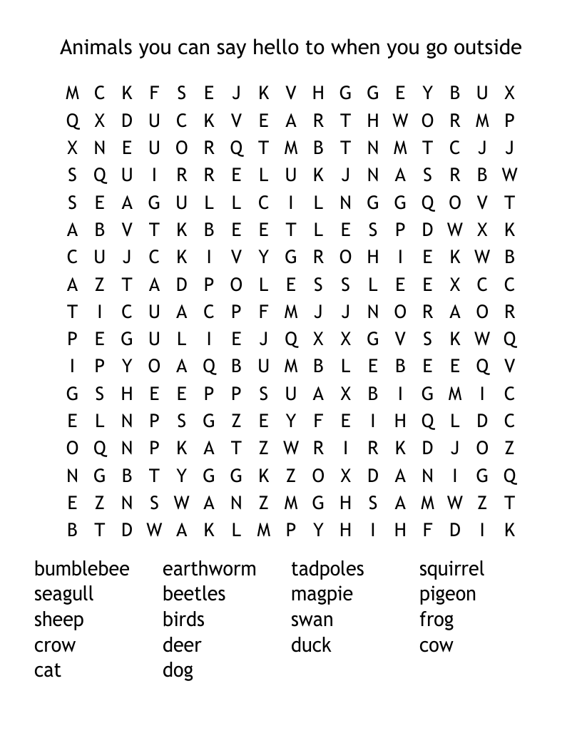 Animals you can say hello to when you go outside Word Search