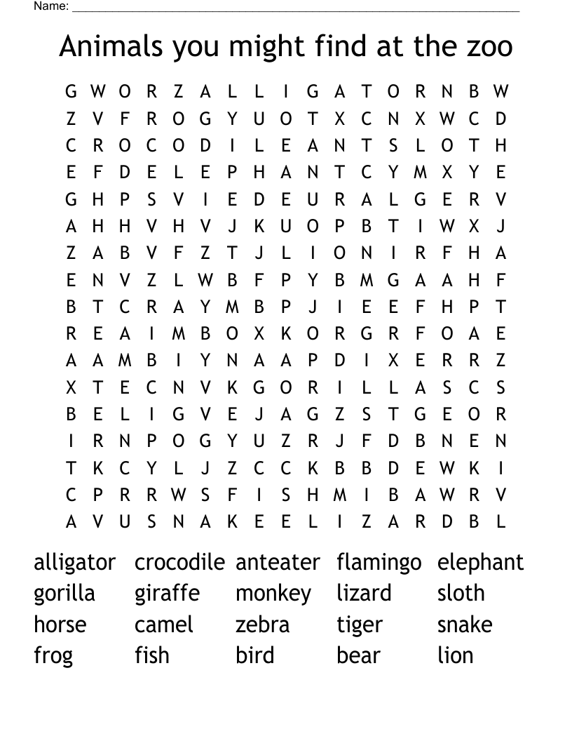 Animals you might find at the zoo Word Search