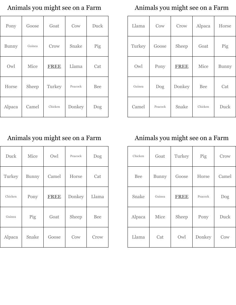 Animals you might see on a Farm Bingo Cards