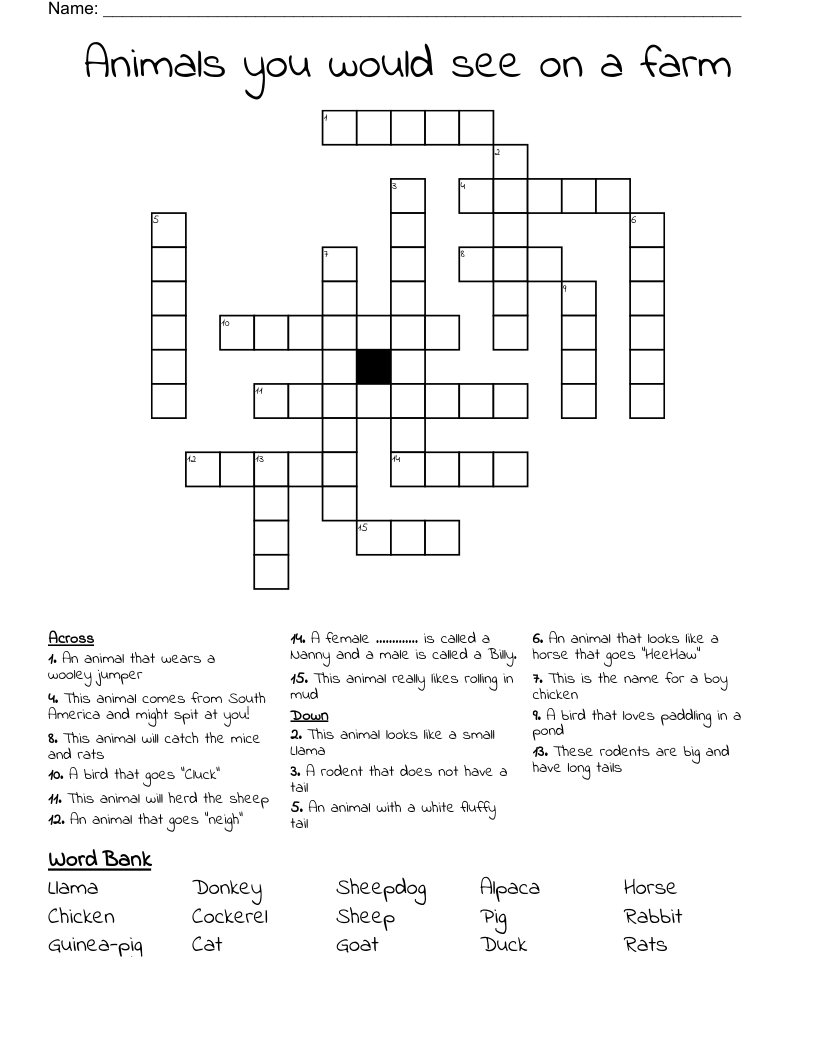Animals you would see on a farm Crossword