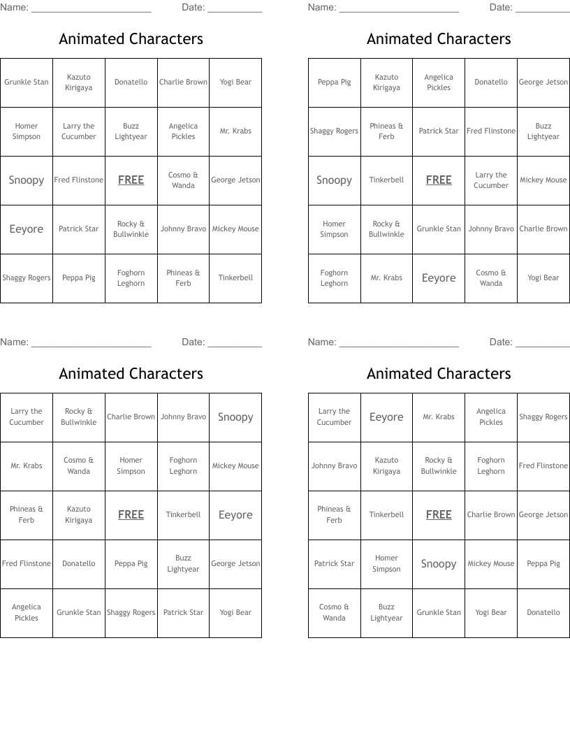 Animated Characters Bingo Cards