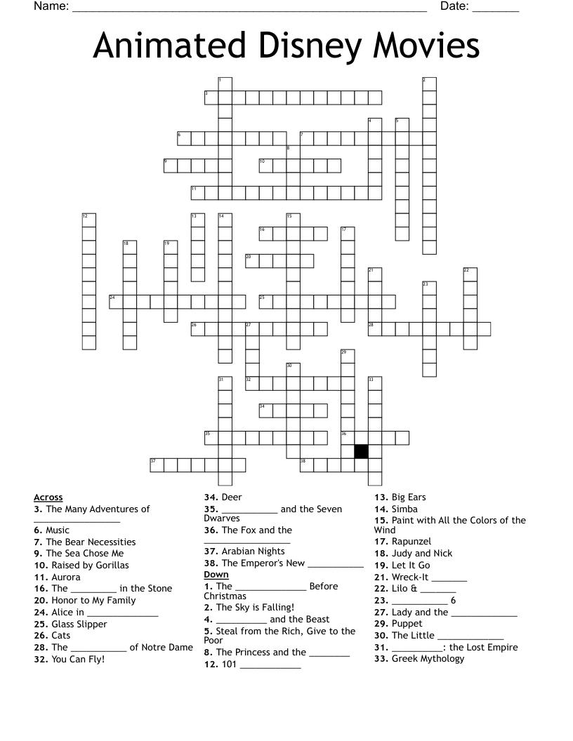 Animated Disney Movies Crossword
