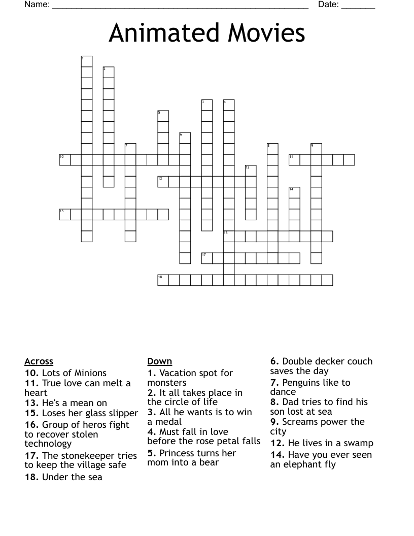 Animated Movies Crossword