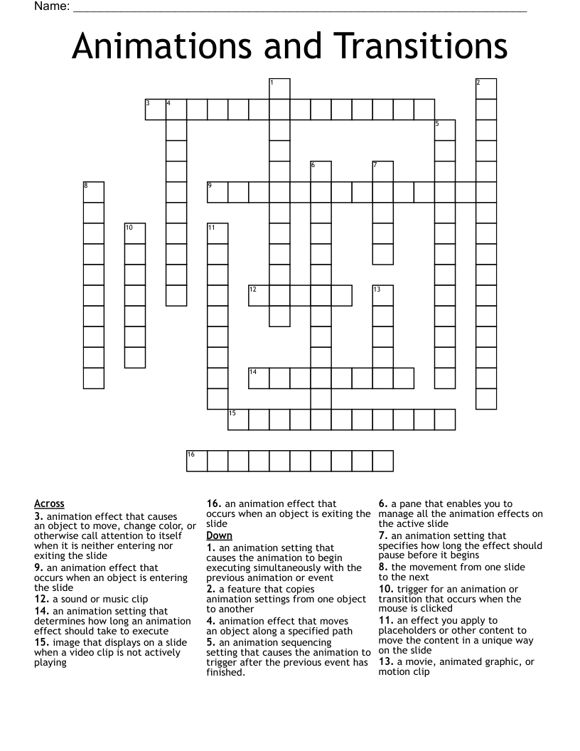 Animations and Transitions Crossword