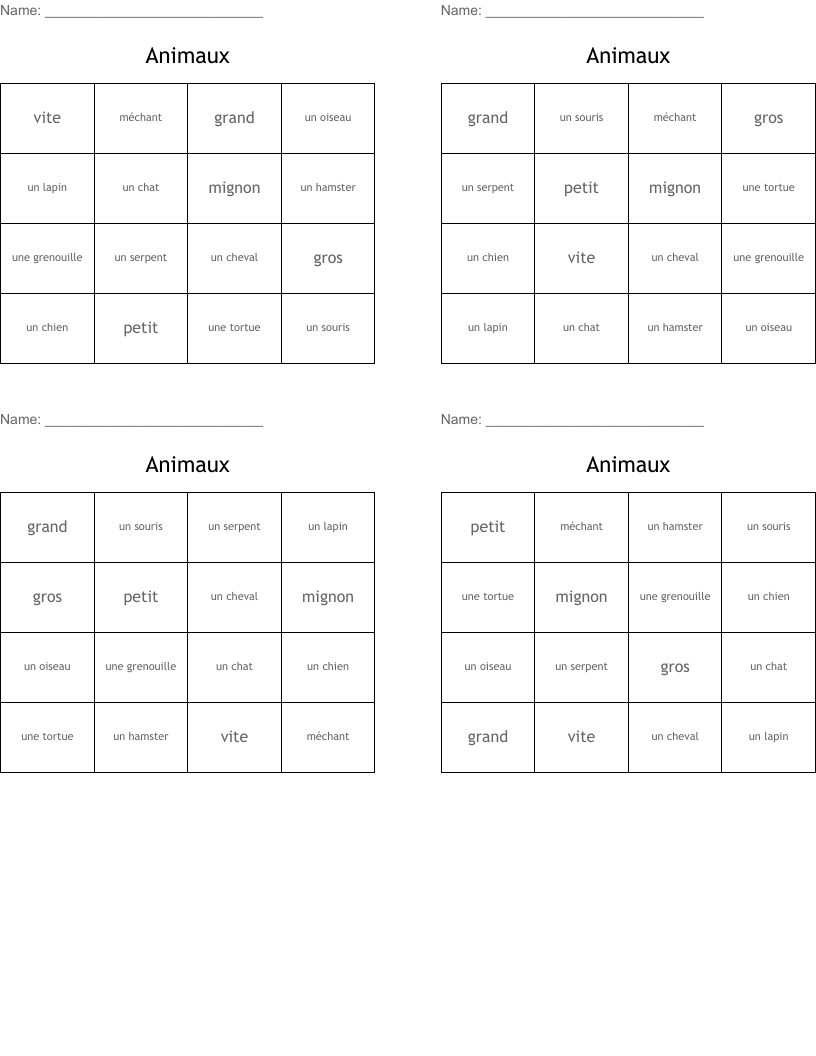 Animaux Bingo Cards