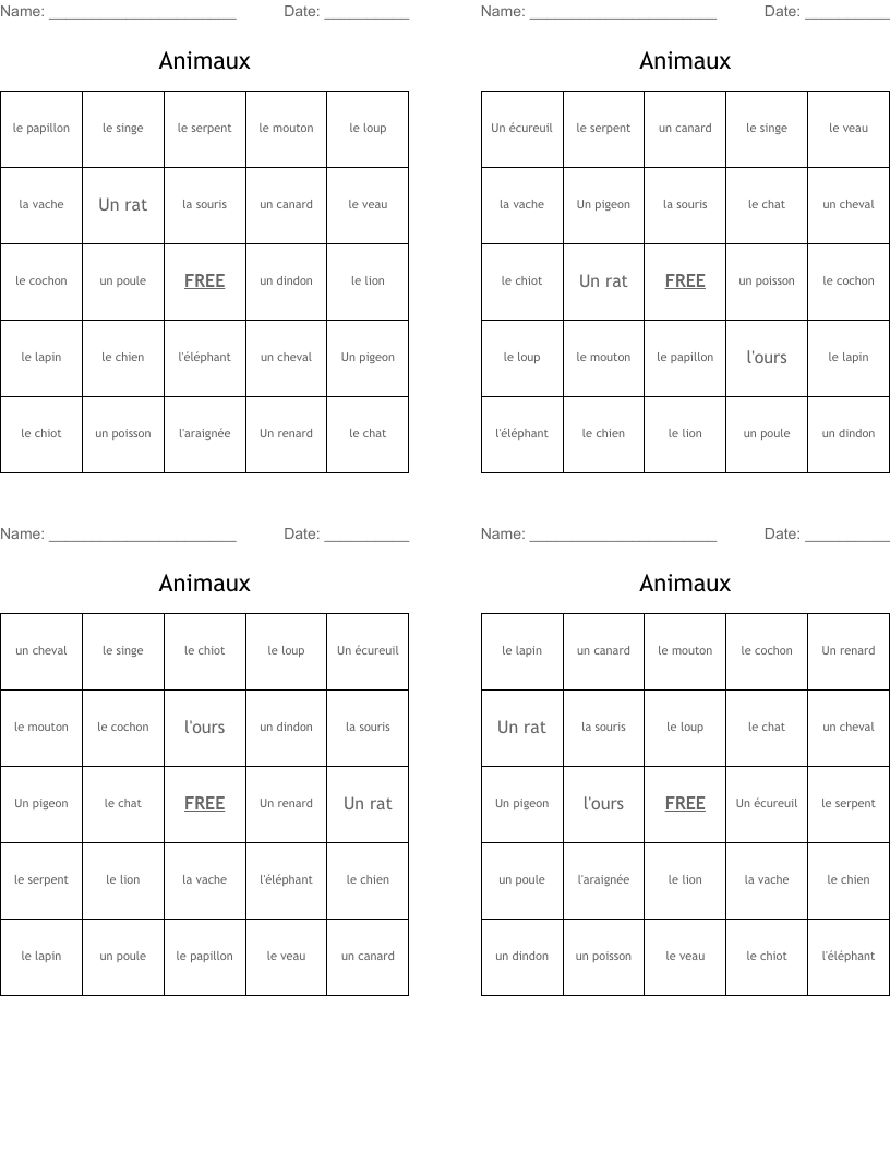 Animaux Bingo Cards
