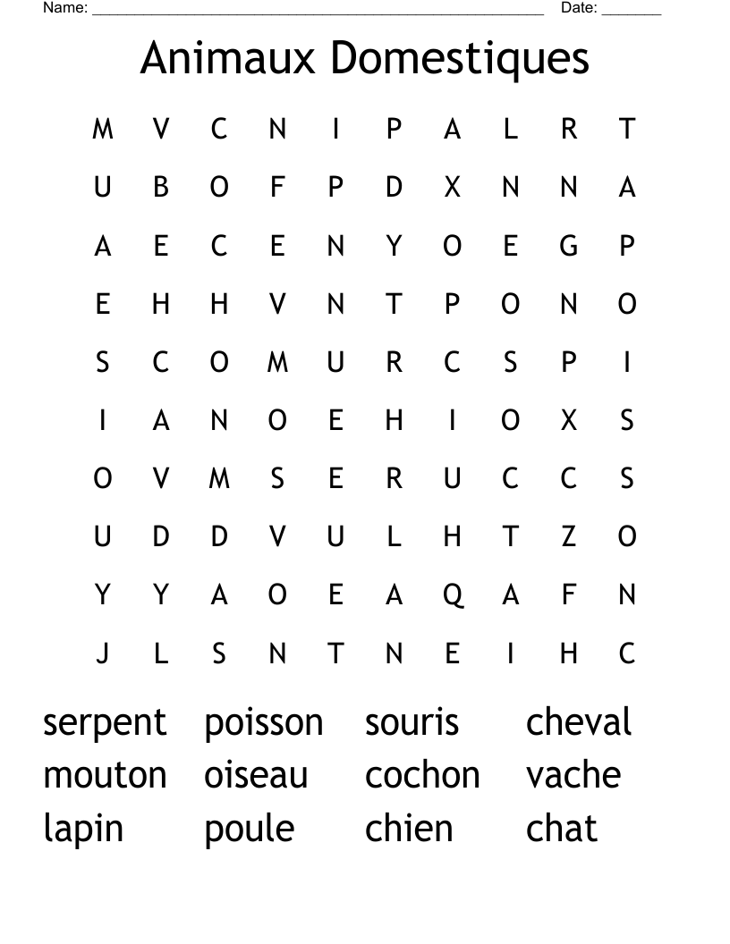 Animaux Domestiques Word Search