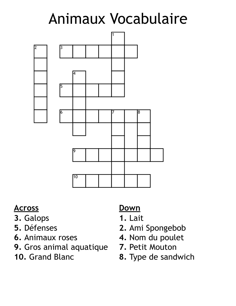 Animaux Vocabulaire Crossword