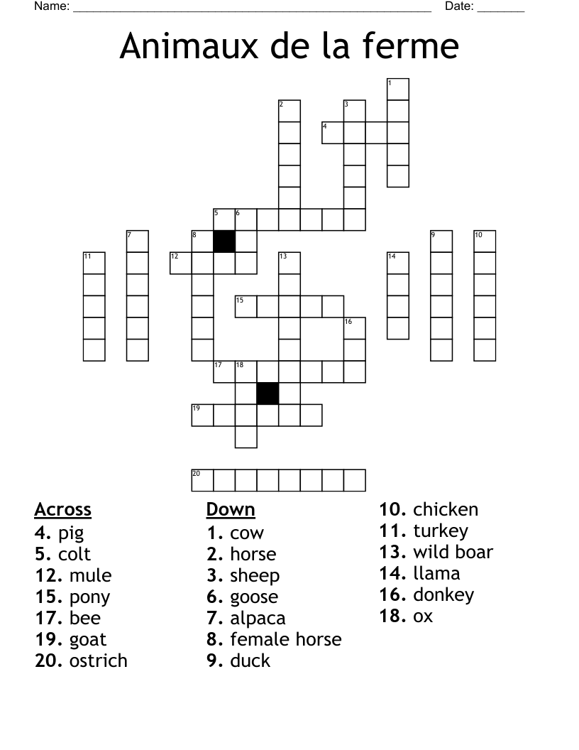 Animaux de la ferme Crossword