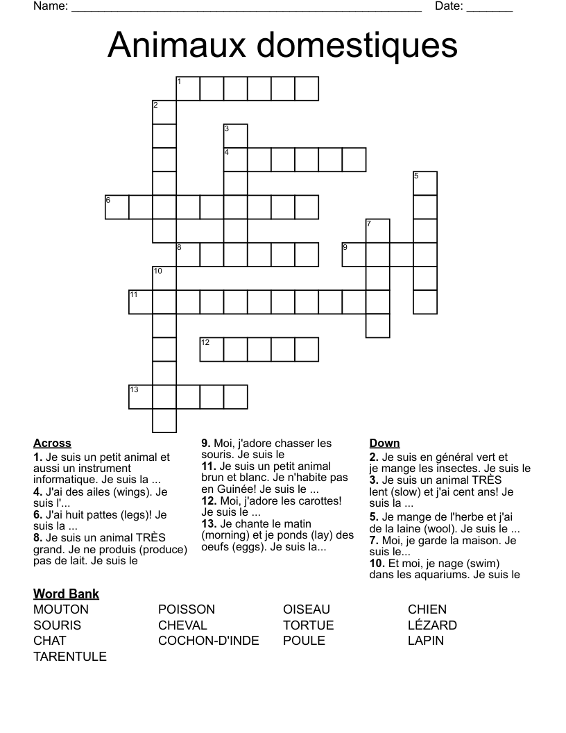 Animaux domestiques Crossword
