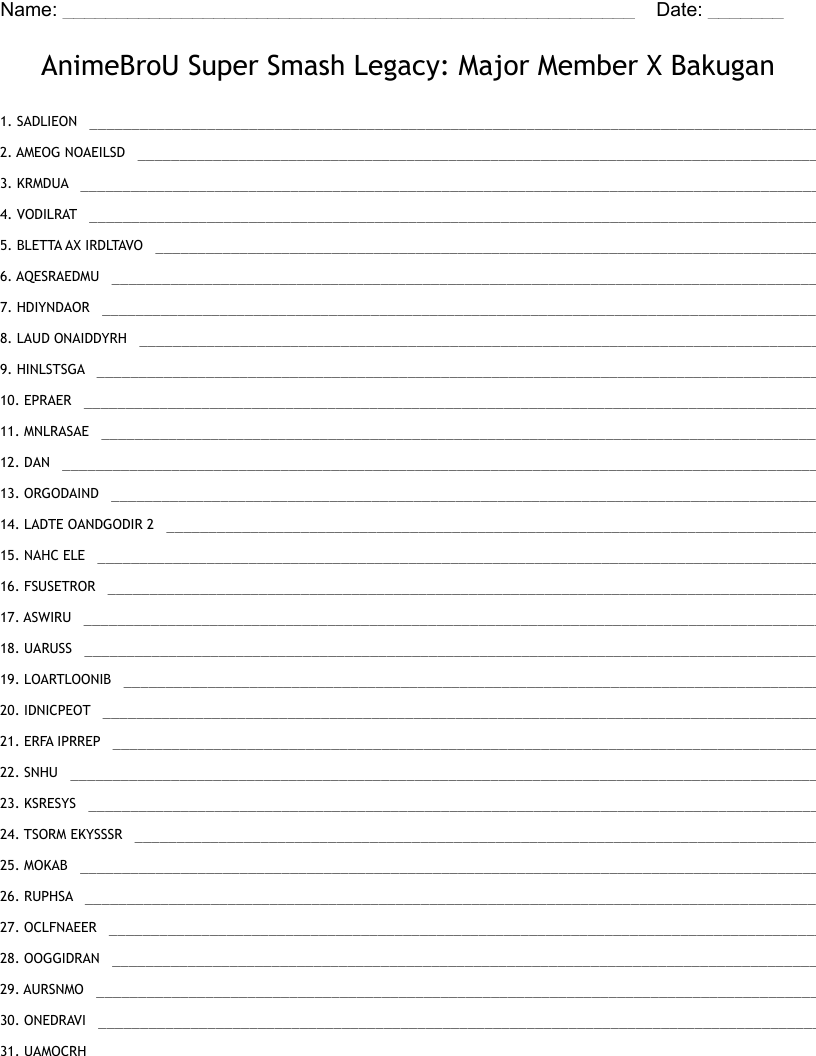 AnimeBroU Super Smash Legacy: Major Member X Bakugan Word Scramble