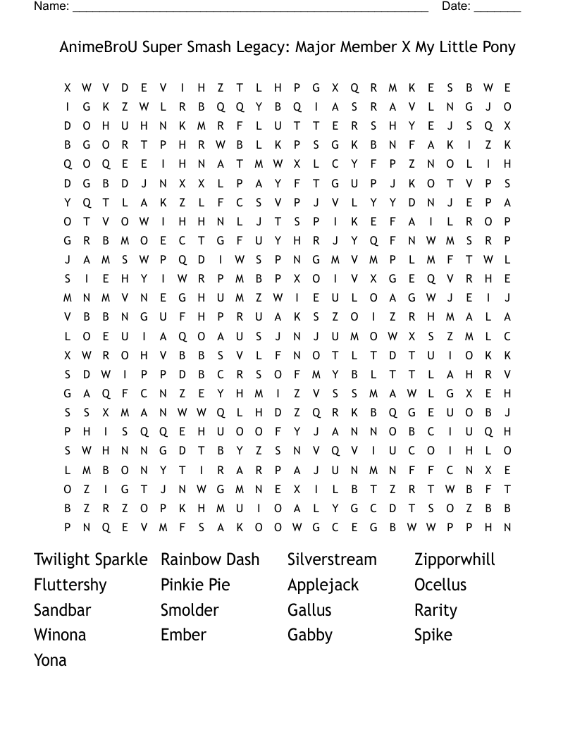 AnimeBroU Super Smash Legacy: Major Member X My Little Pony Word Search