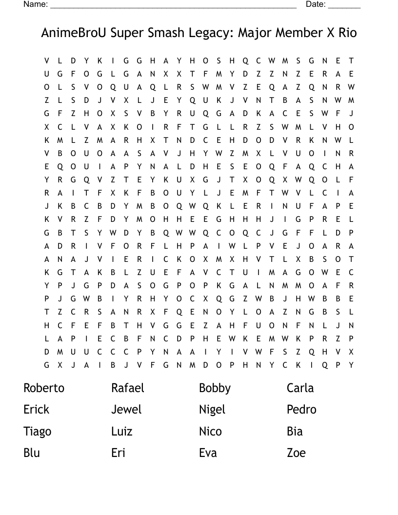 AnimeBroU Super Smash Legacy: Major Member X Rio Word Search