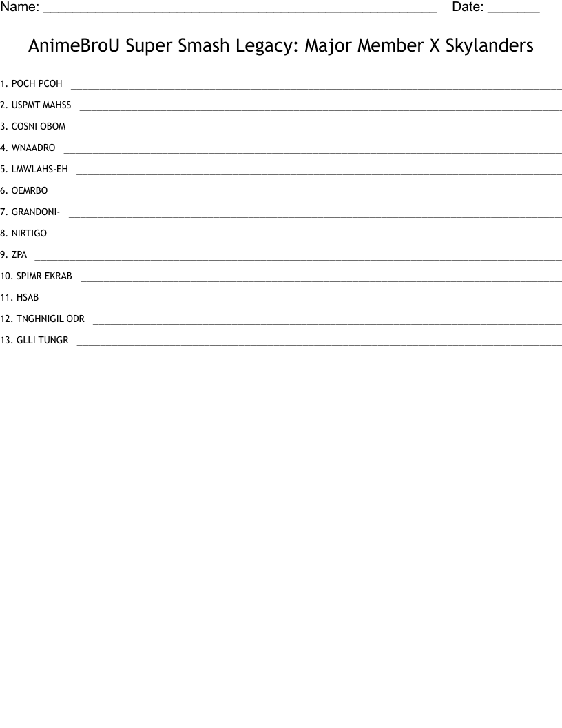 AnimeBroU Super Smash Legacy: Major Member X Skylanders Word Scramble
