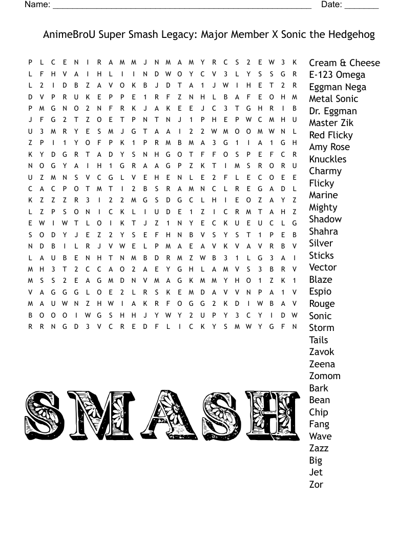 AnimeBroU Super Smash Legacy: Major Member X Sonic the Hedgehog Word Search