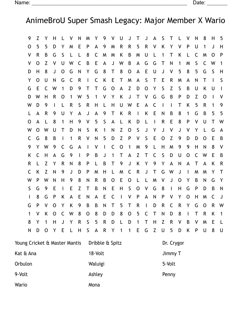 AnimeBroU Super Smash Legacy: Major Member X Wario Word Search
