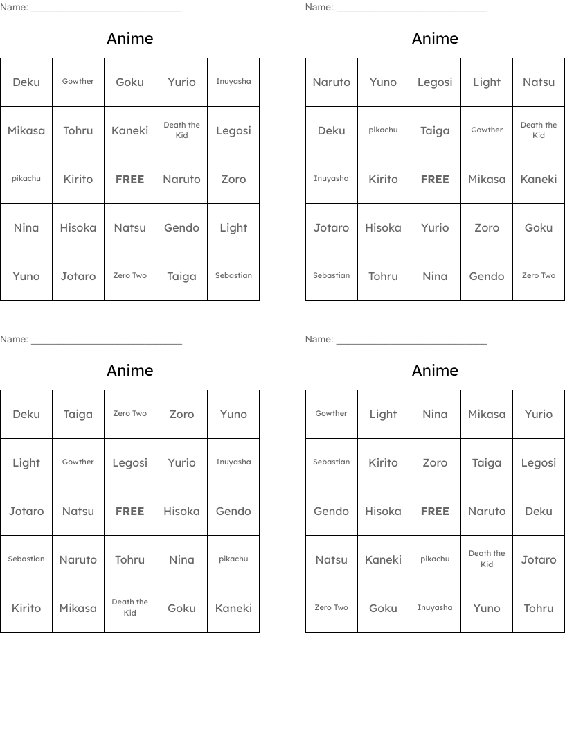 Anime Bingo Cards