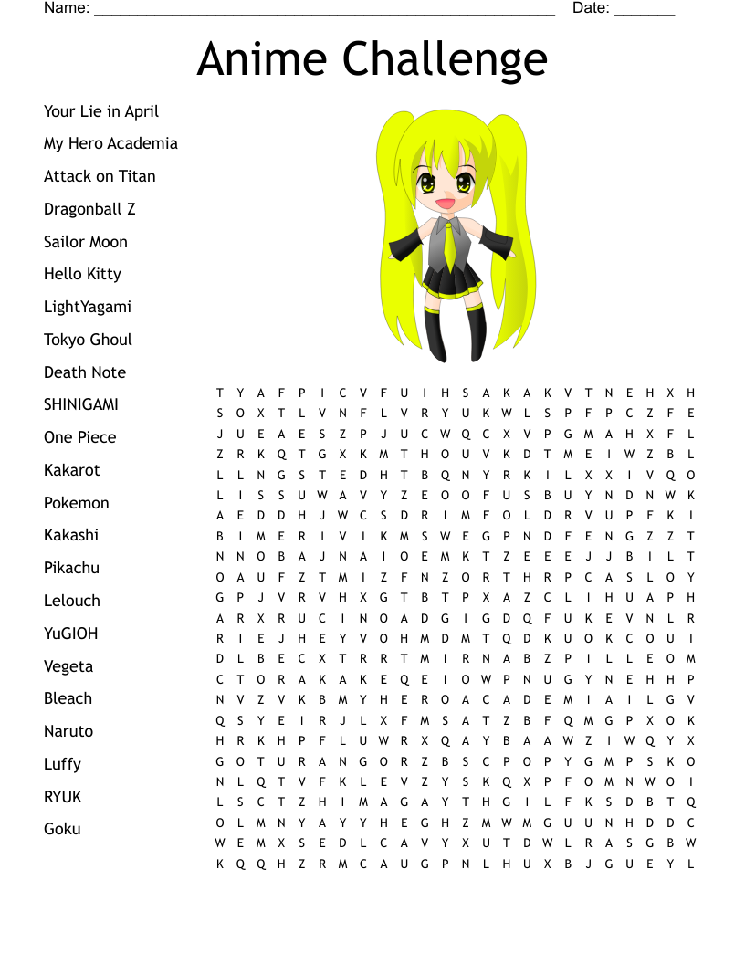 Anime Challenge Word Search