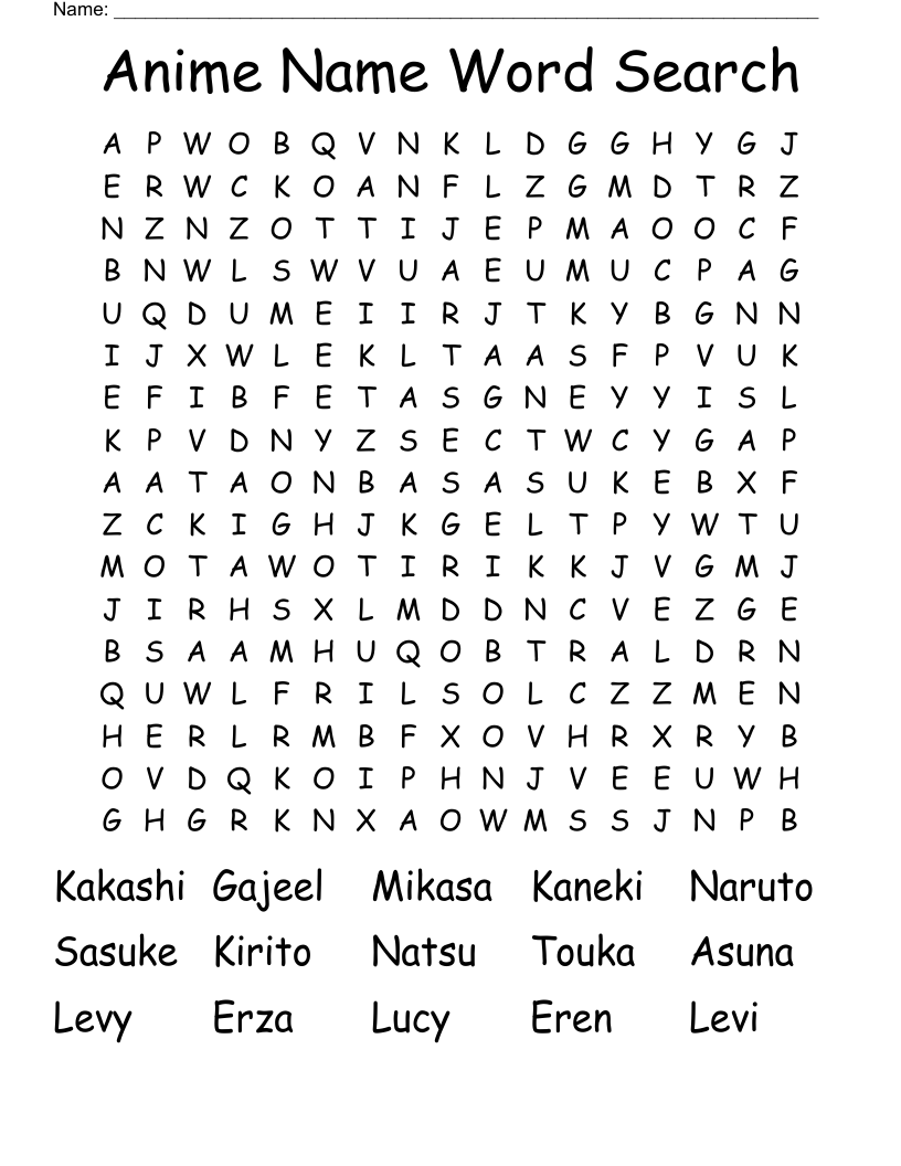 Anime Name Word Search