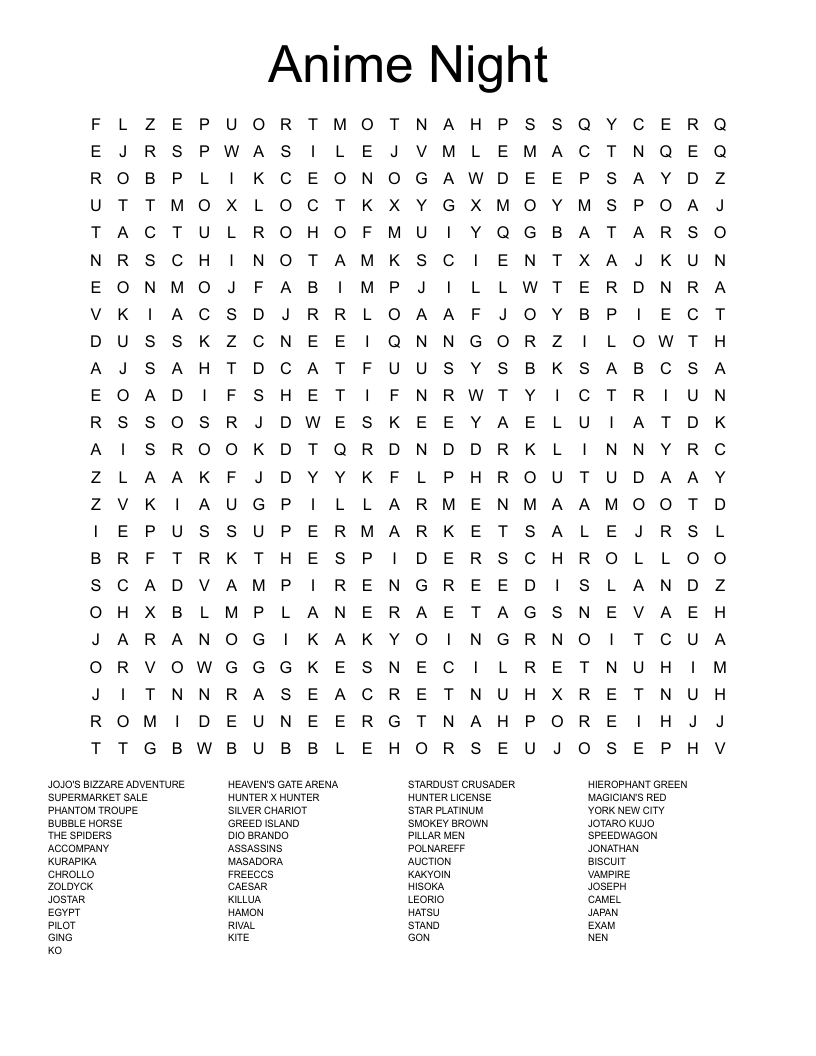 Anime Night Word Search