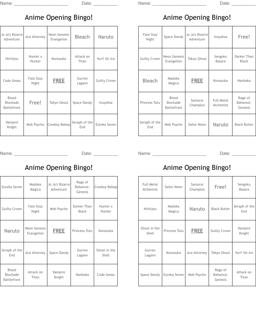 Anime Opening Bingo!