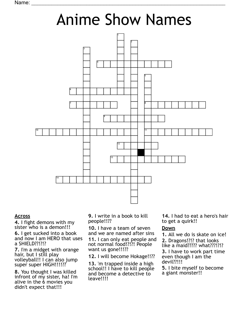 Anime Show Names Crossword