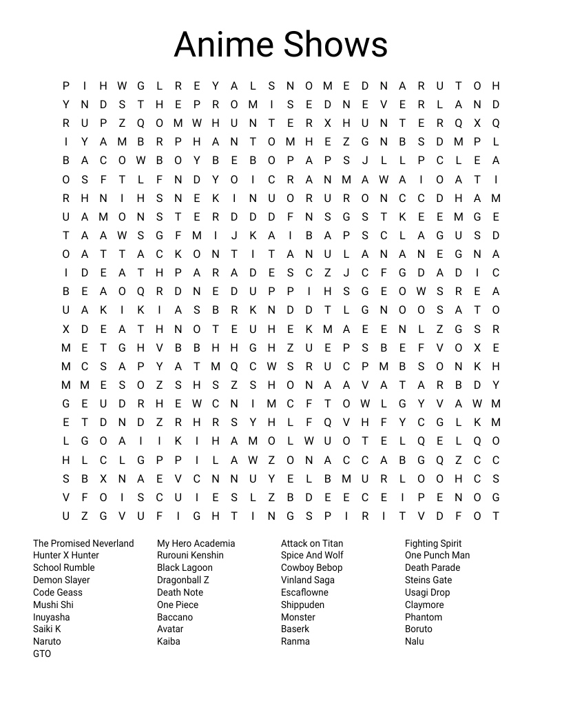 Anime Shows Word Search