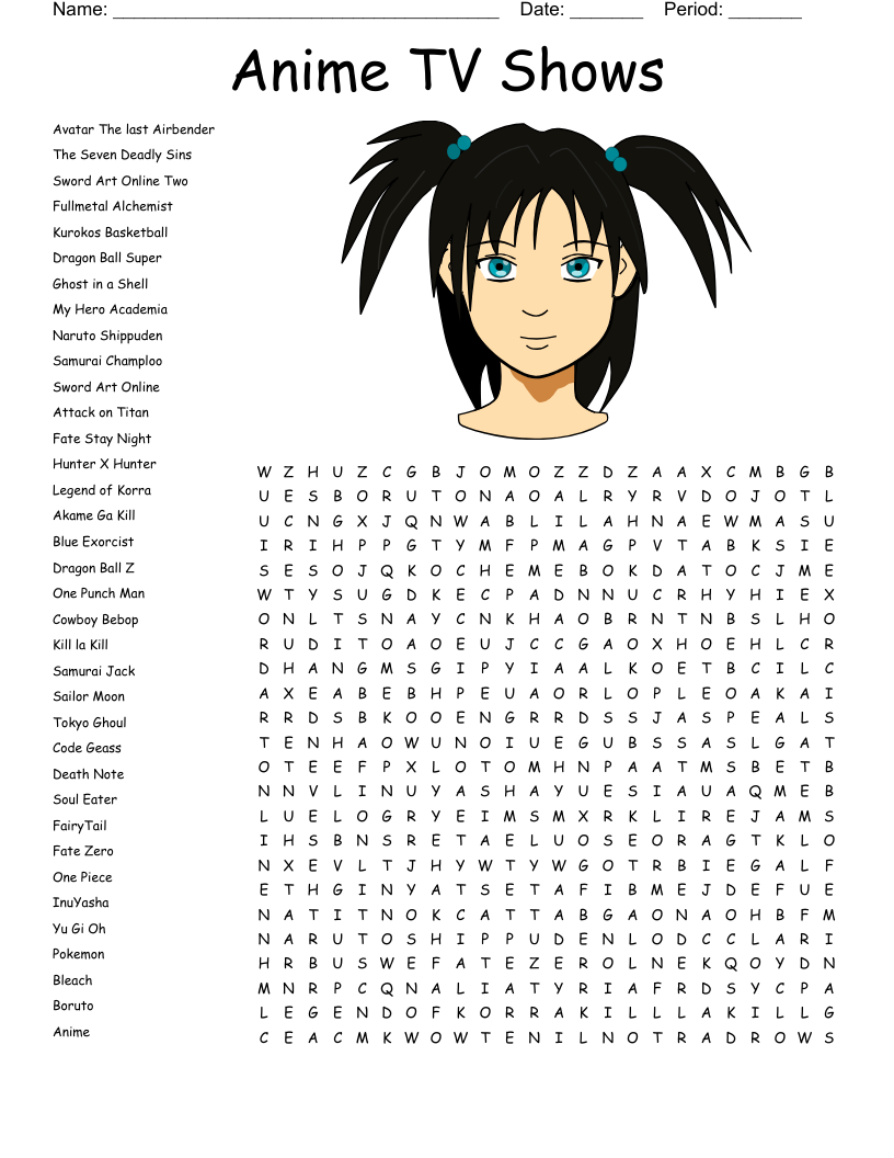 Anime TV Shows Word Search
