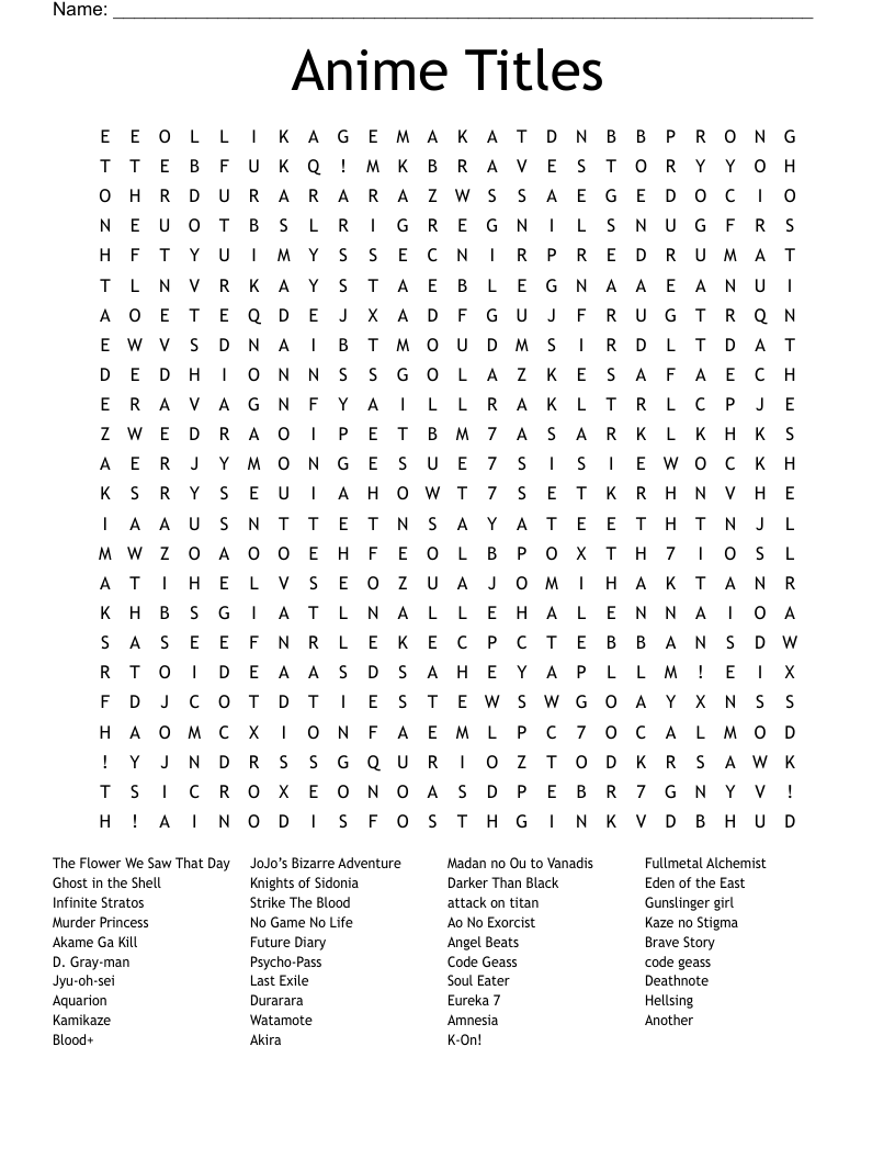 Anime Titles Word Search